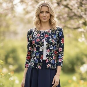 Spense Navy Floral‎ Long Sleeve cardigan size S oversized